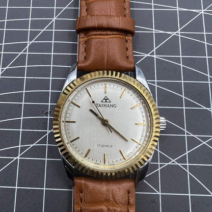 38mm TAIHANG mechanical watch with silver dial, golden markers, round case, and 17 jewel movement.