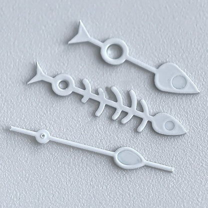 Matted black fish bone watch hands with white trim and green lume, compatible with NH35 NH36.