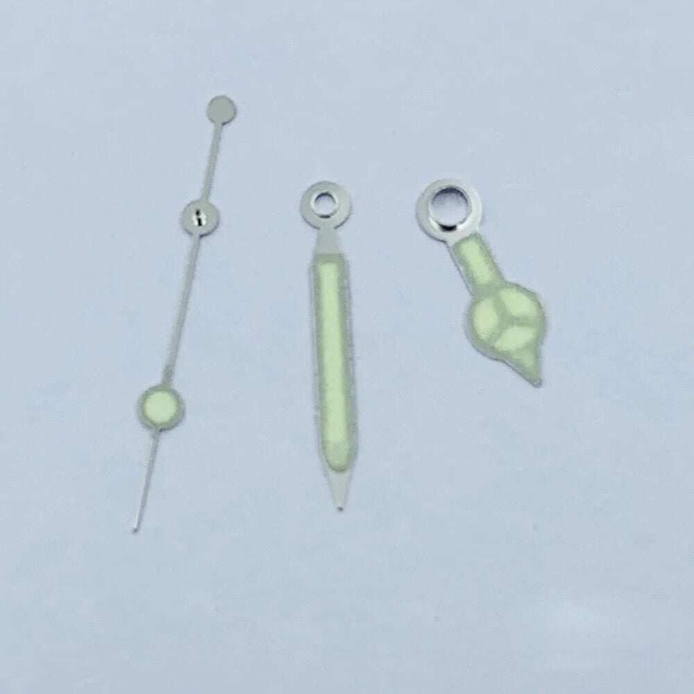 Green luminous watch hands with silver trim, designed for NH35 NH36 movements.