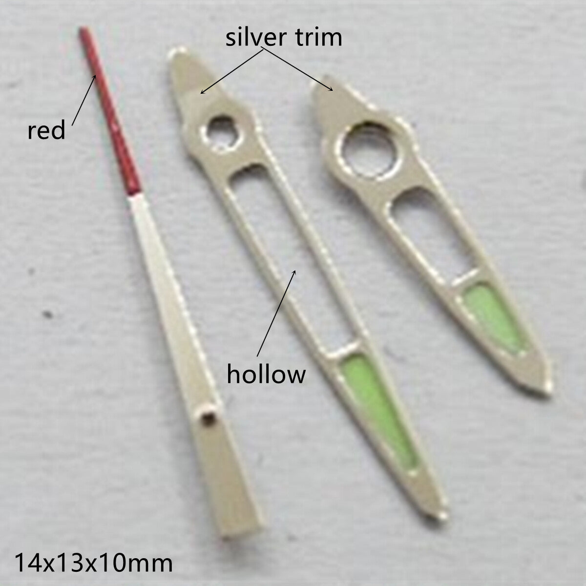 Hollow silver trim watch hands with green lume, compatible with Miyota 2035 and 2115 movements.