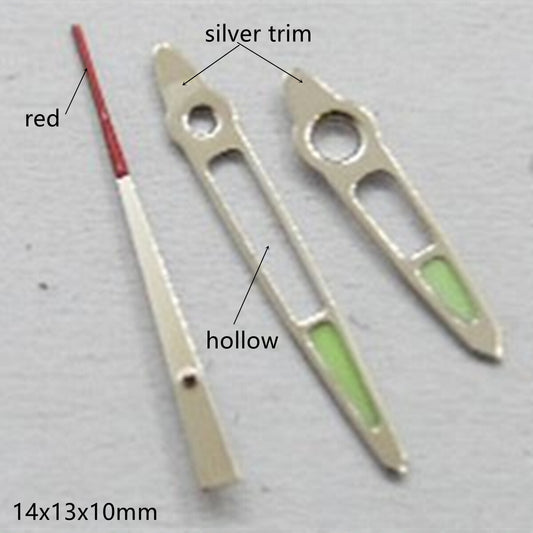 Hollow silver trim watch hands with green lume, compatible with Miyota 2035 and 2115 movements.