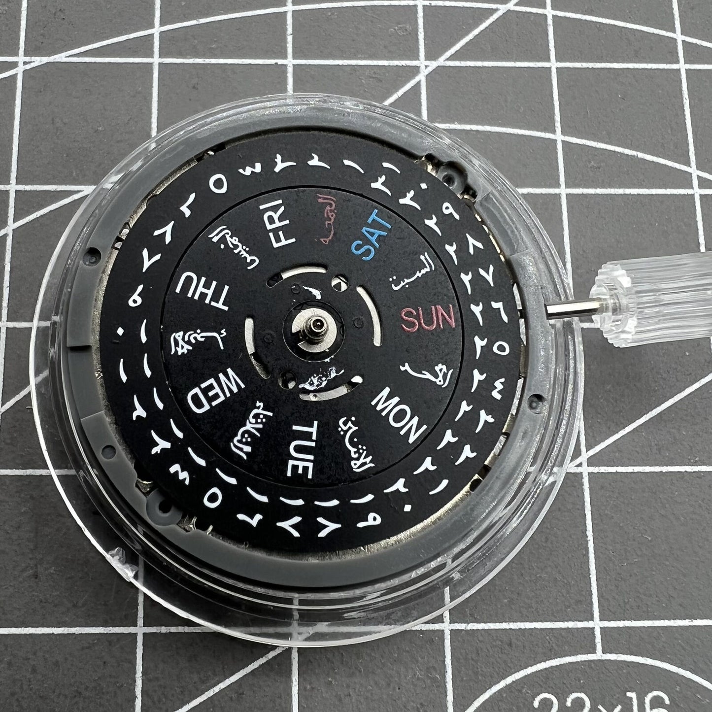 NH36 automatic mechanical watch with black Arabic dial and date, crown positioned at 3.8.