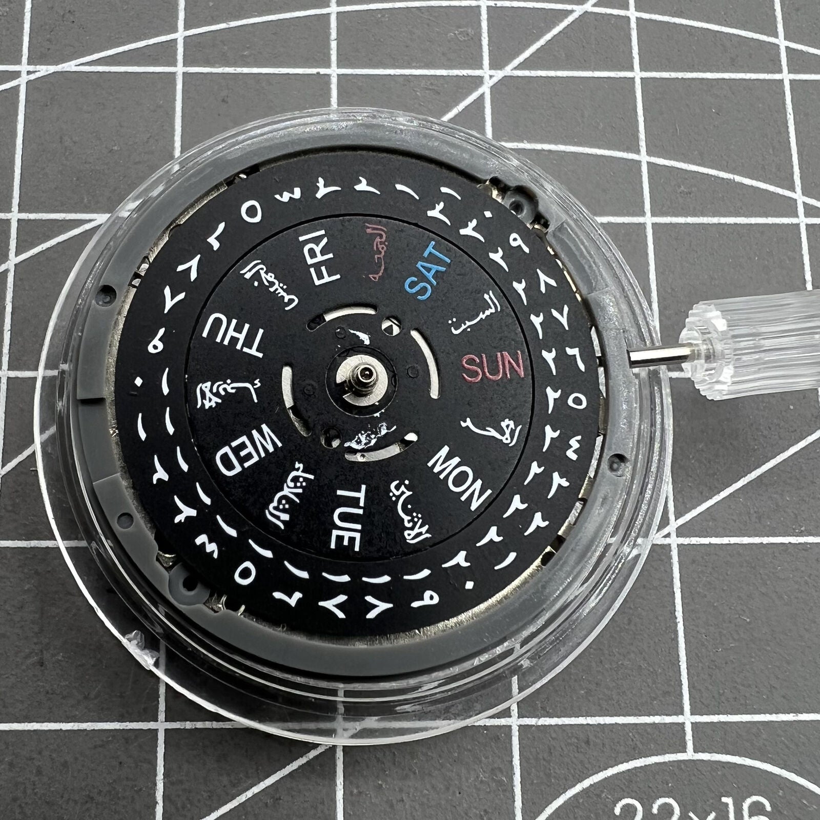 NH36 automatic mechanical watch with black Arabic dial and date, crown positioned at 3.8.