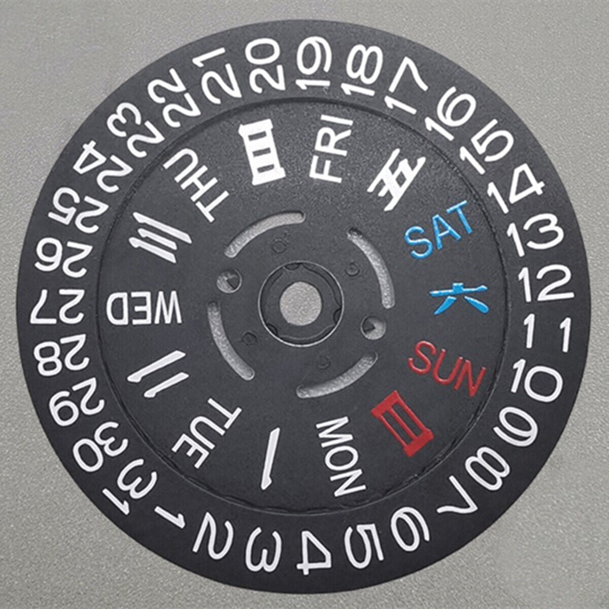 Black date disk wheel with Chinese font for NH36 movement, date at 3 o'clock, crown at 3/3.8 position.