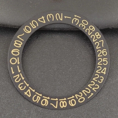 Yellow date disk overlay for NH35 NH36 watch movement, detailed close-up.