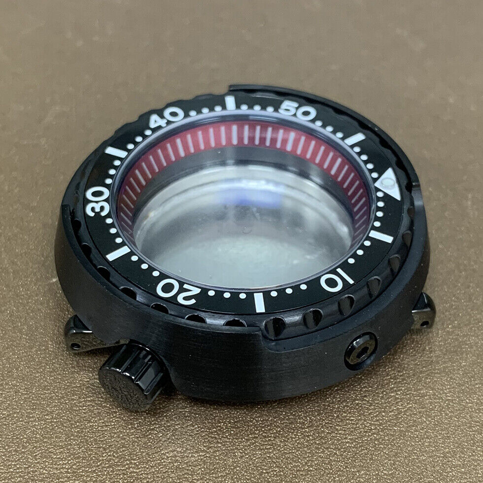 45mm PVD black stainless steel watch case with ceramic ring and mineral glass for NH35 movement, perfect for durable watch accessories.