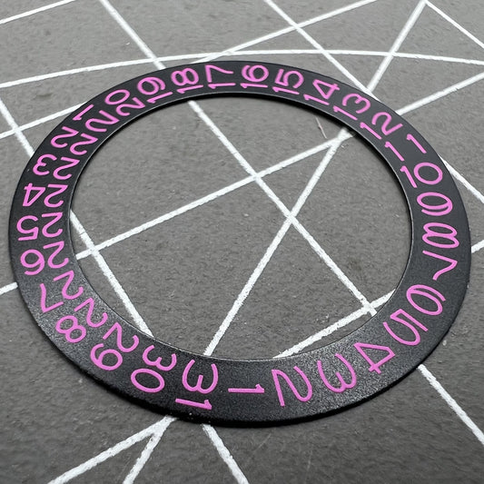 Pink character date disk overlay on black background for NH35 NH36 watches, enhancing dial readability.