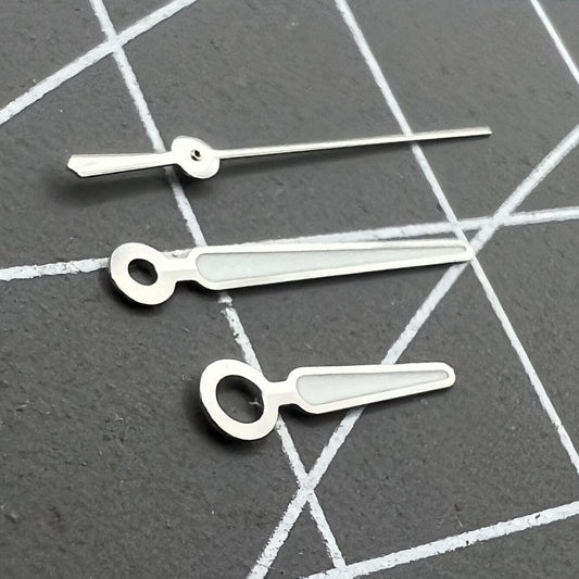 Silver-trimmed 13mm C3 blue lume watch hands set, compatible with NH35/NH36 for accurate timekeeping.