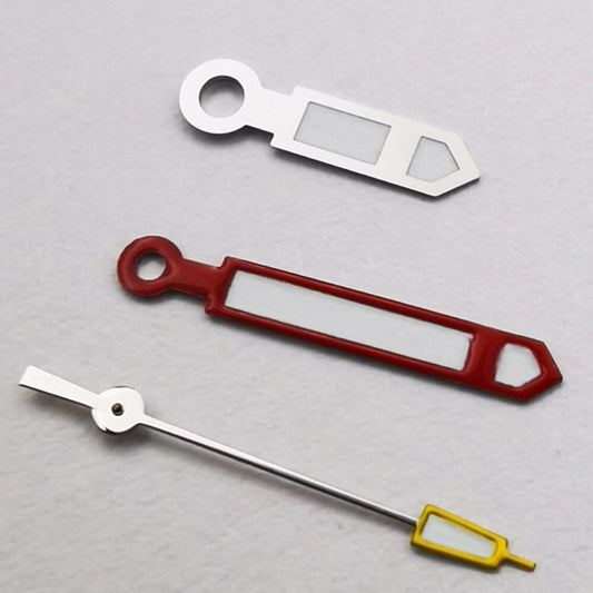 Silver watch hands with red trim, yellow second hand, and green lume, compatible with NH35 NH36 movements.