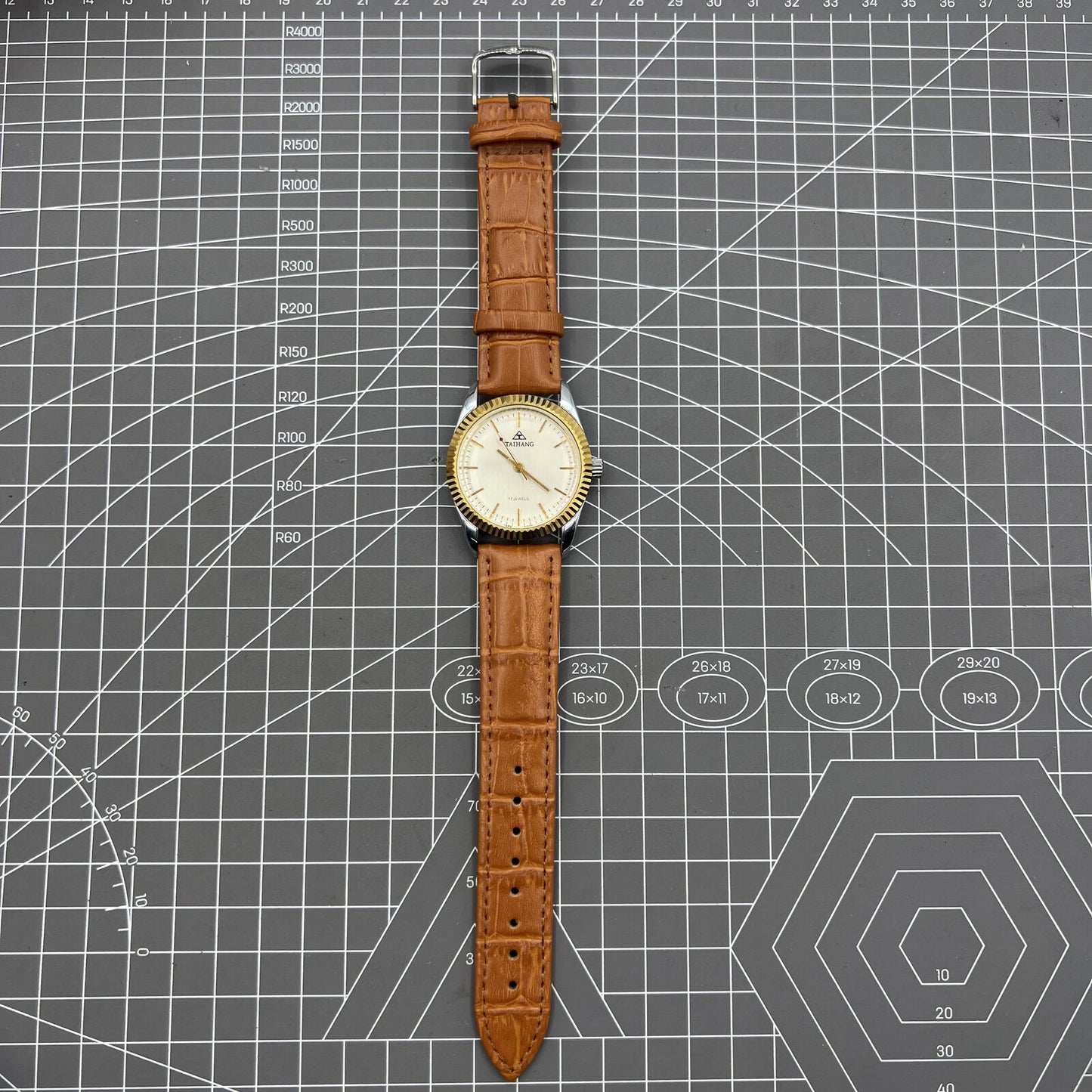 TAIHANG 38mm manual mechanical watch with golden nails, silver dial, and round case, 17 jewels.