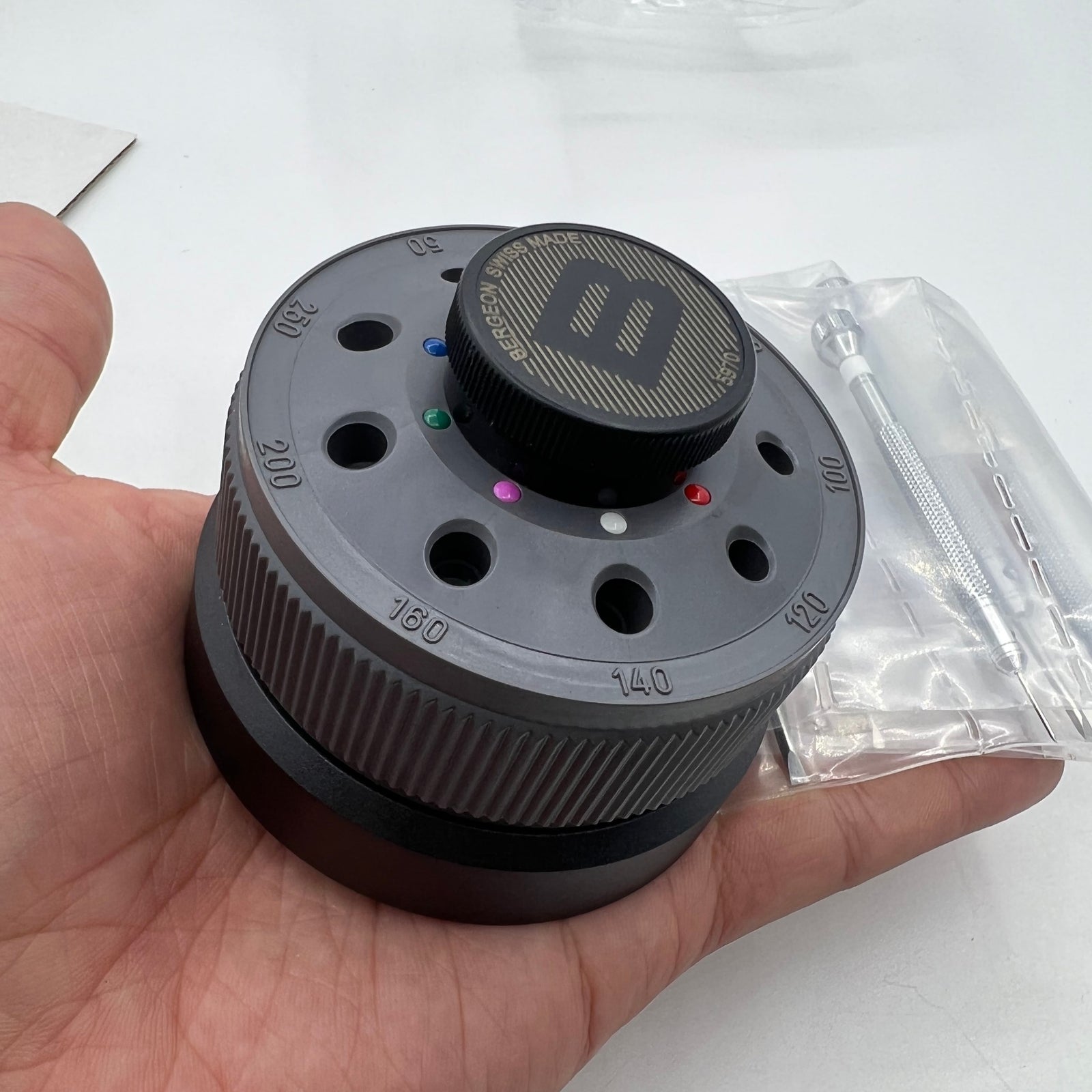 Bergeon 5970 rotating tool set with 9 precision screwdrivers for detailed watch repair tasks.