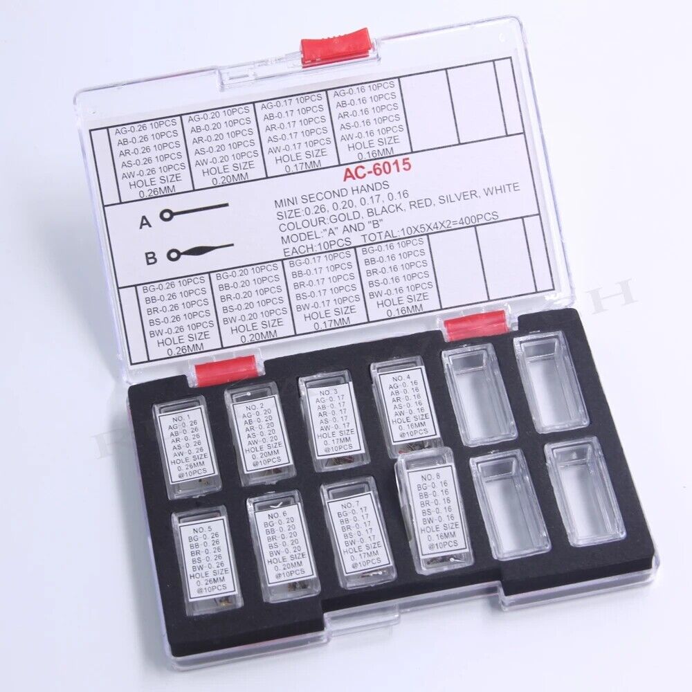 AC-6015 multi-color mini second hands, precision fit for watch repairs in A/B sizes.