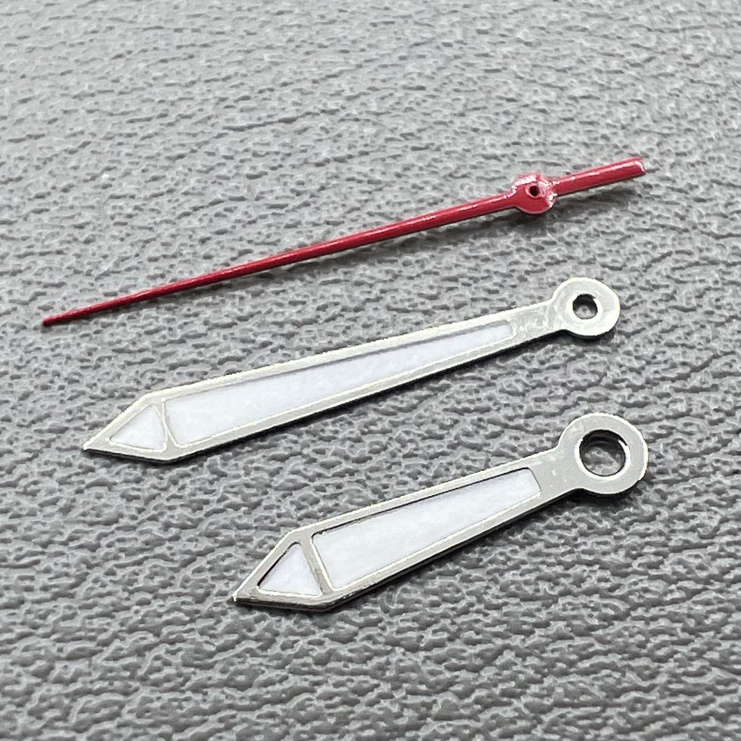 Silver trimmed red second hand and green lume hour/minute hands set for Ronda 515 watches, 2 sets/pack.