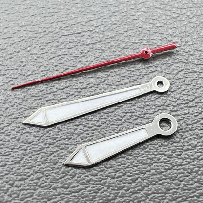 Silver trimmed red second hand and green lume hour/minute hands set for Ronda 515 watches, 2 sets/pack.