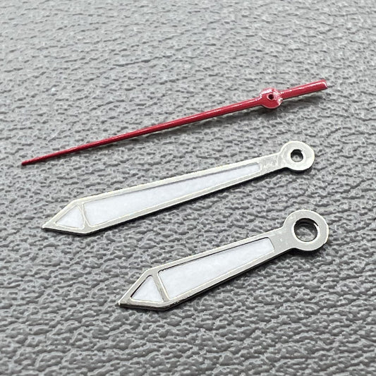 Silver trimmed red second hand and green lume hour/minute hands set for Ronda 515 watches, 2 sets/pack.