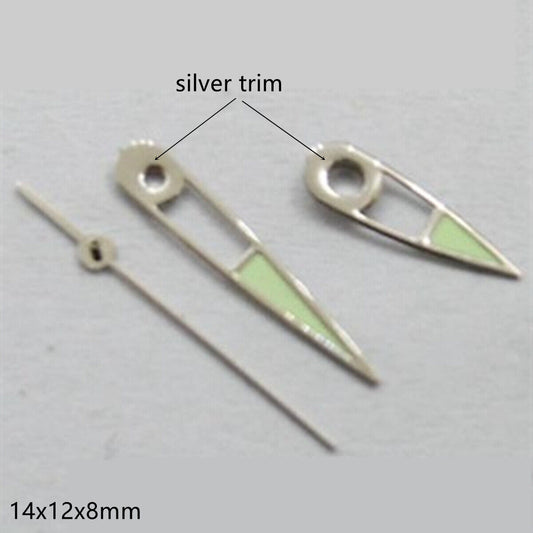 Arrow-shaped green lume watch hands with silver trim, designed for Miyota 2035 movements.