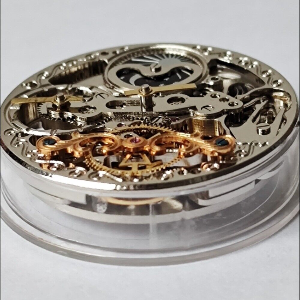 China Made Hollow double mainspring watch movement showcasing dual-zone automatic mechanical design.