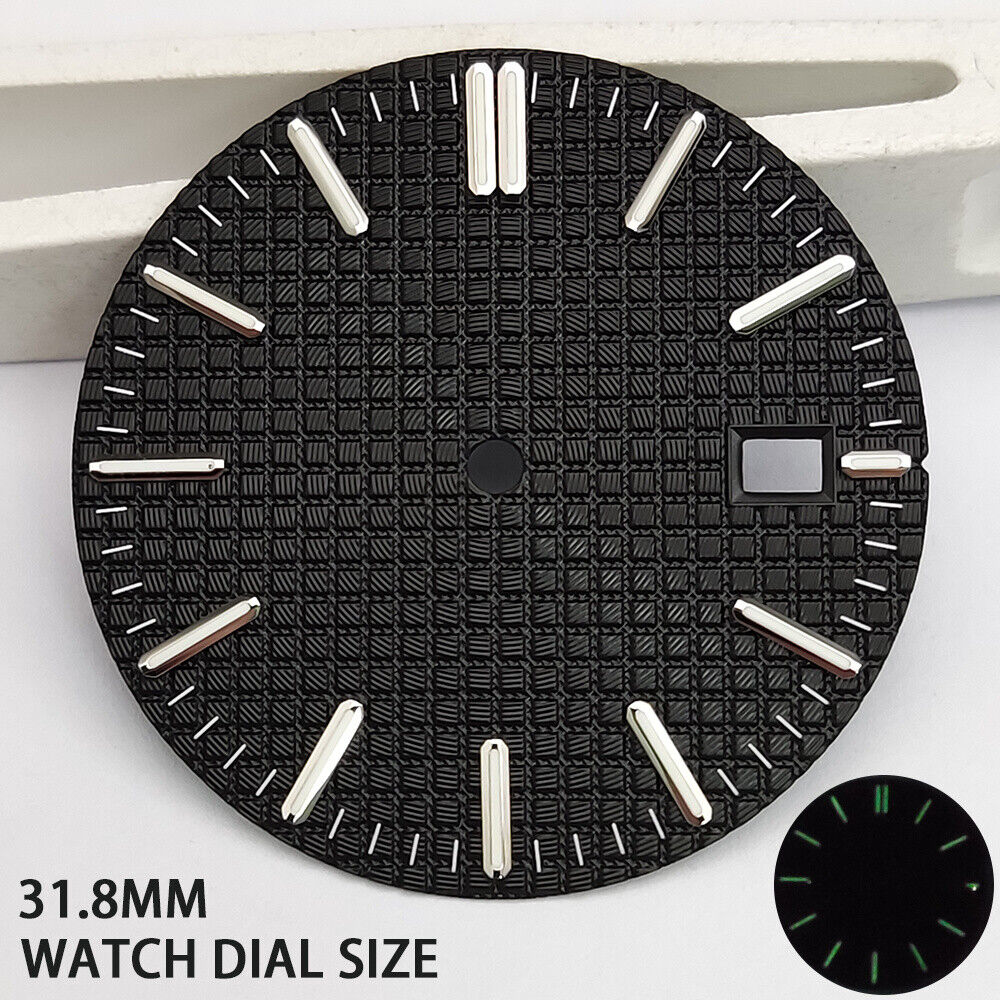 Green lume watch dial with silver trim and black check pattern for NH35 movement, perfect for customization.