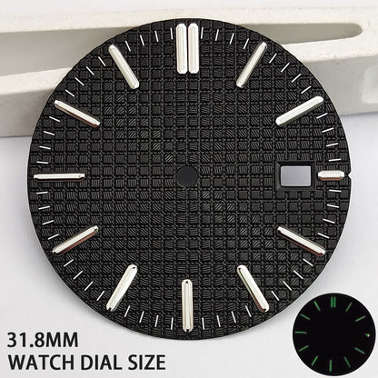 Green lume watch dial with silver trim and black check pattern for NH35 movement, perfect for customization.
