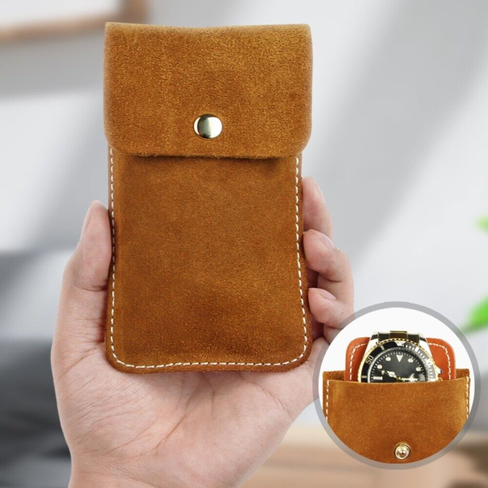 Brown Cowhide watch storage bag, soft-lined travel pouch protecting a single watch securely.