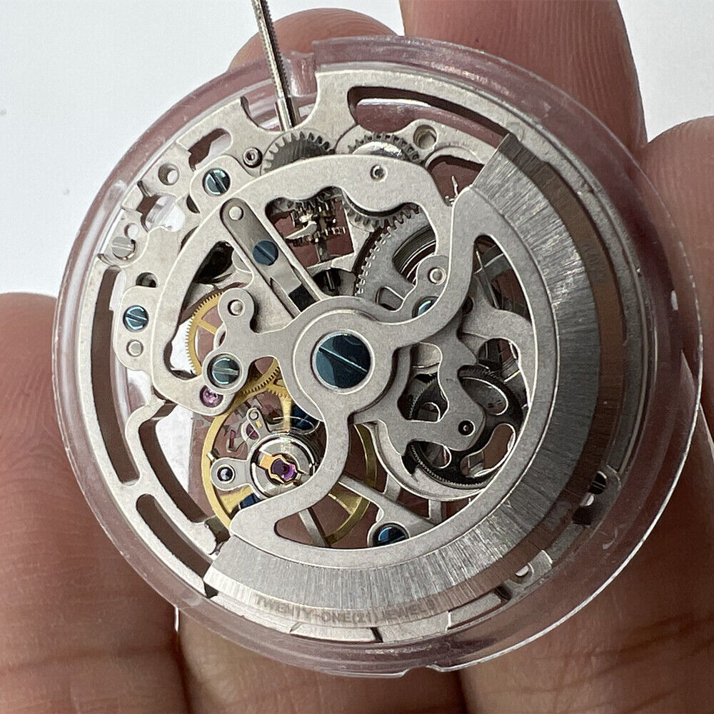 Seagull TY2809 silver skeleton watch movement displaying intricate automatic mechanical design.