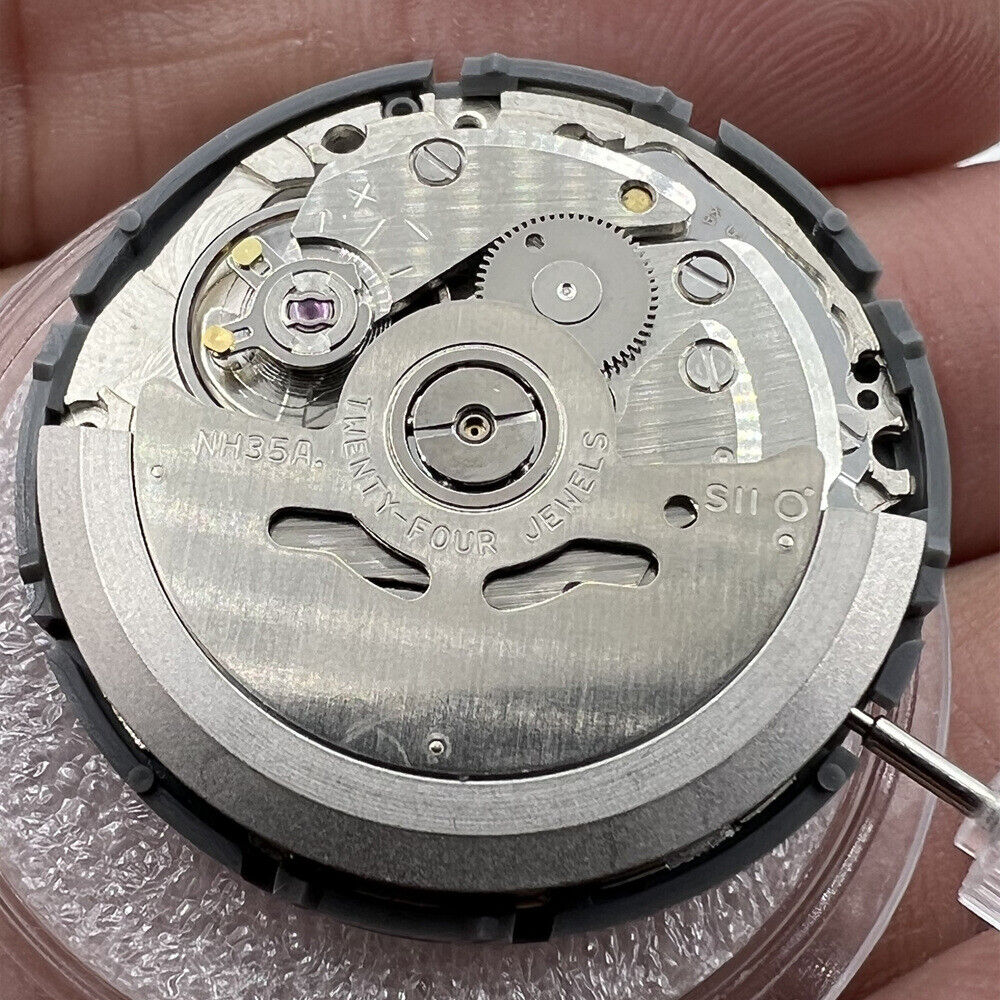 NH35A automatic watch movement with golden date window, 3 o'clock crown, perfect for SKX007 mods by Seiko.