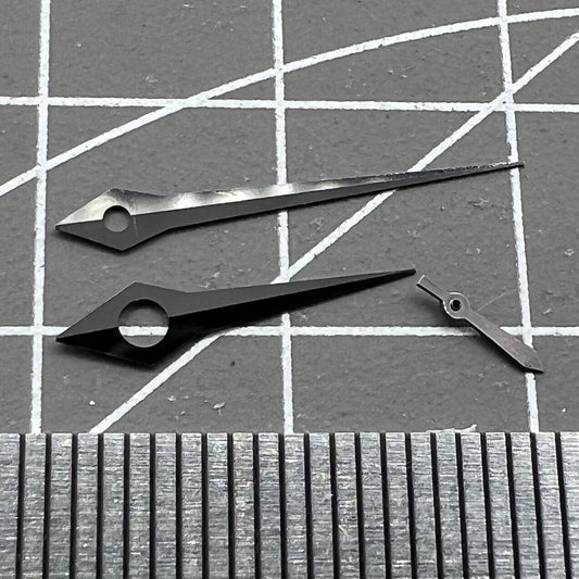 Long pointed black watch hands without lume for ST3600/ST3620/ETA6497/6498 movements, precise fit.