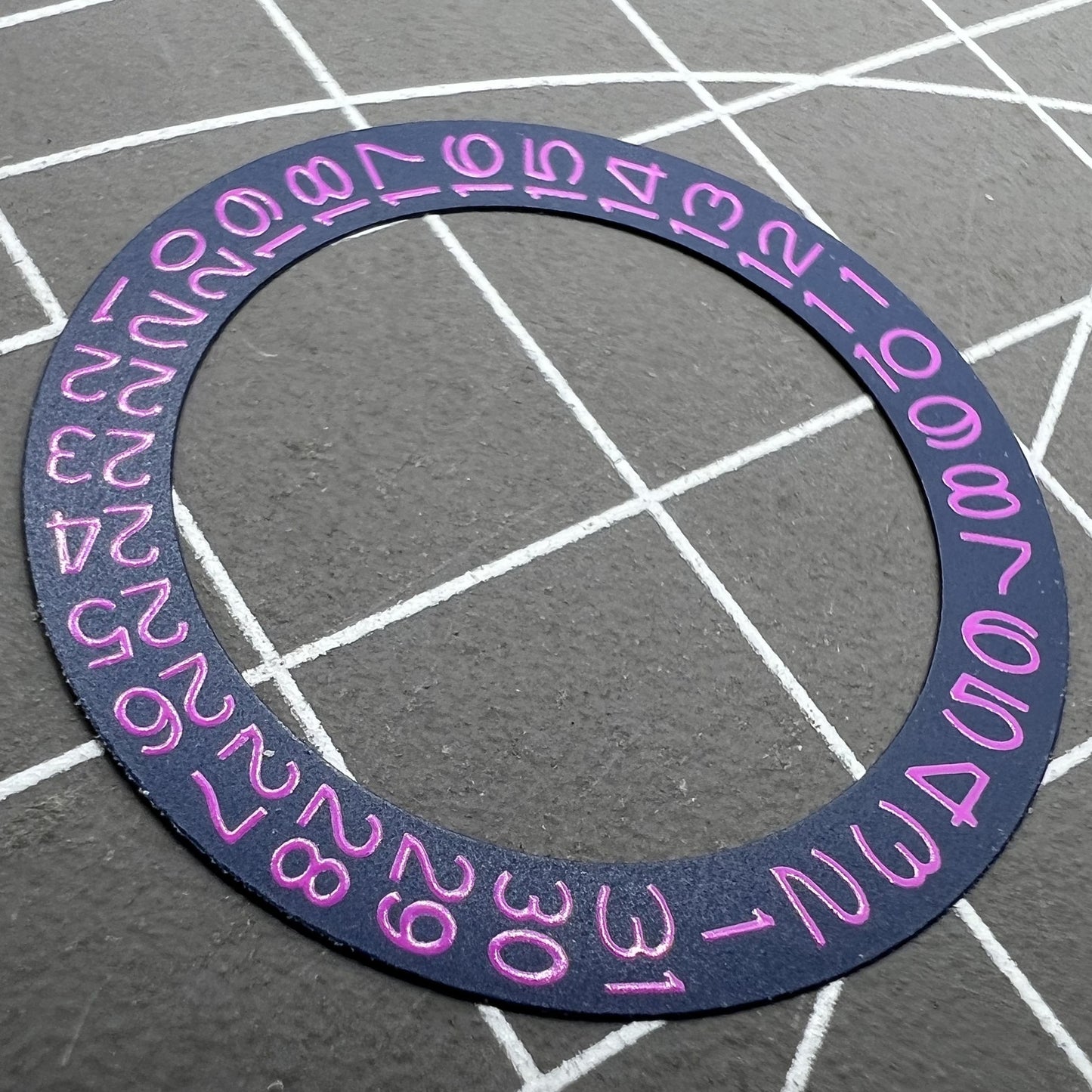 Denim blue background disk with Helio purple font for Miyota NH35 NH36 watch date wheel.