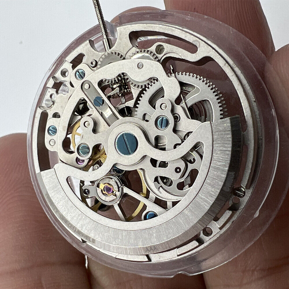 Seagull TY2809 silver skeleton watch movement displaying precise automatic mechanical design from China.