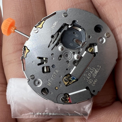 Miyota JS15 Japan quartz watch movement showcasing small seconds at 6, 9, 12 and date window at 6 for precision.