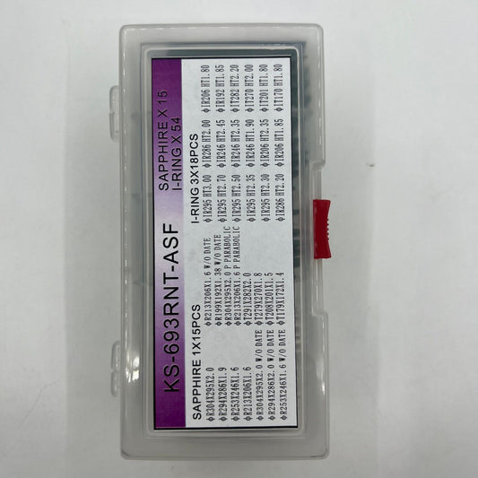 Set of 69 Rolex watch parts including 15 sapphire sizes and 18 I-Ring sizes for precise repairs.