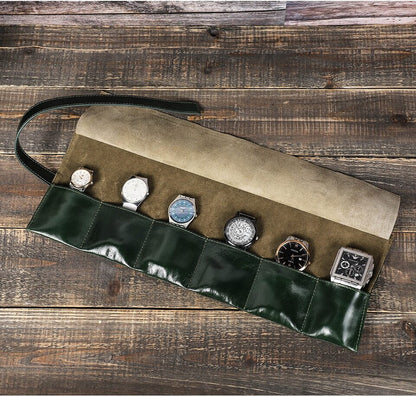 Handmade leather watch box with 6 slots, portable roll pouch for men, perfect for travel organization.