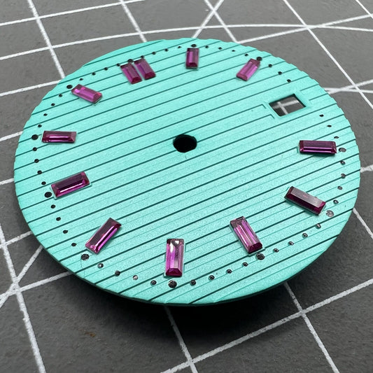 Light green 29.8mm watch dial with pink imitation gemstone, compatible with NH35 movement.