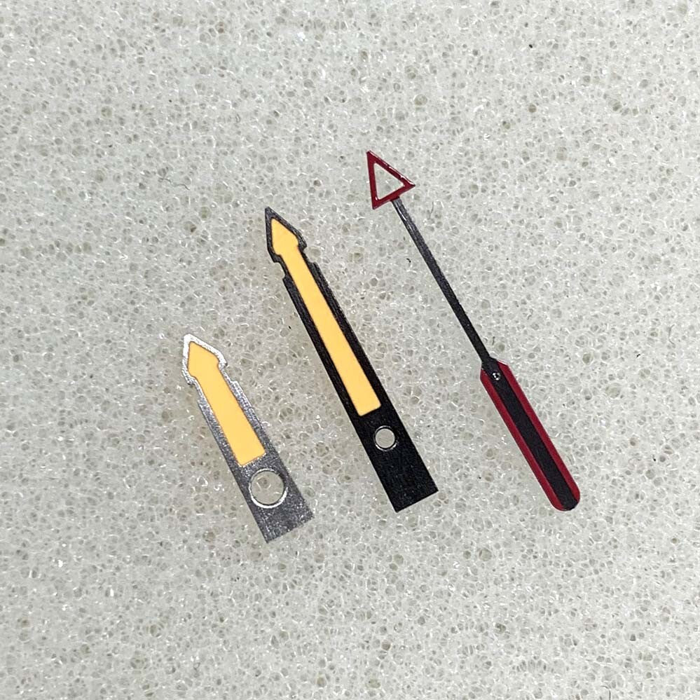 Arrow-shaped yellow luminous watch hands with black trim for NH35, NH36, 4R, and 7S movements.