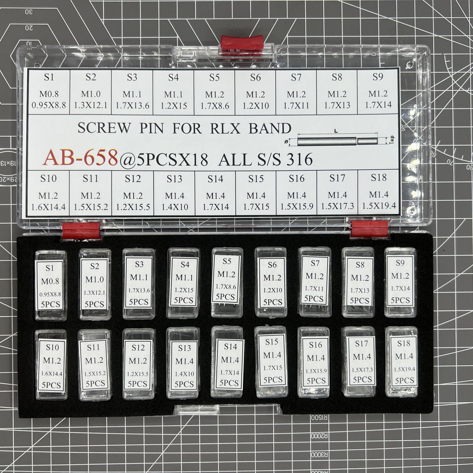 Set of 90 screw-type watch band links and pins for bracelet adjustments.