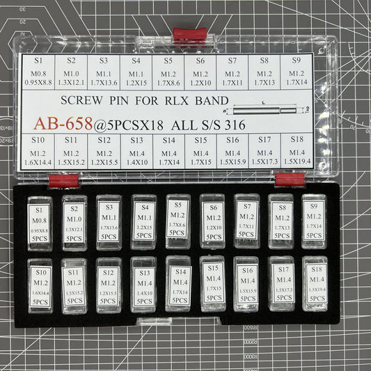 Set of 90 screw-type watch band links and pins for bracelet adjustments.