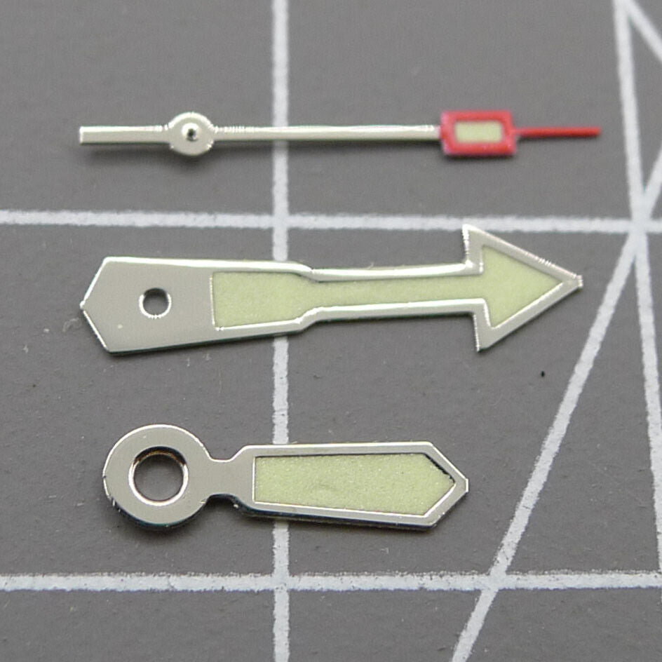 Arrow-shaped silver-trimmed green lume watch hand for Miyota 2035 movement.