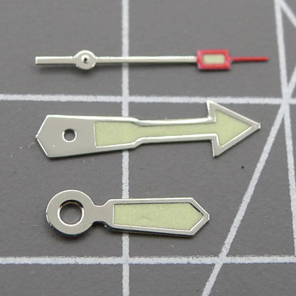 Arrow-shaped silver-trimmed green lume watch hand for Miyota 2035 movement.