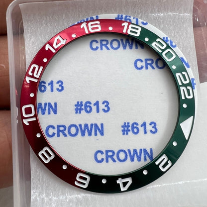 38mm green and red GMT bezel insert with numerical markers, aluminum alloy, compatible with RLX watches.
