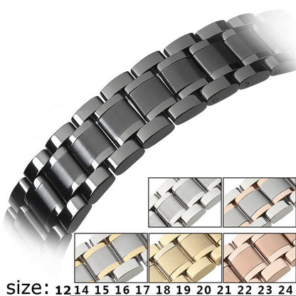 Curved end steel watch band 12-24mm with butterfly clasp, durable strap for elegant timepieces.