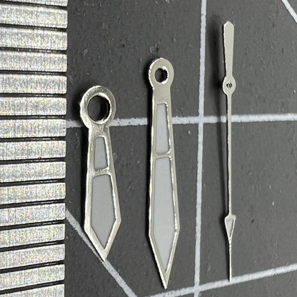 Silver arrow-shaped 12mm watch hands with trim, compatible with Miyota 2315 and 2035 movements, Hamiwatch brand.