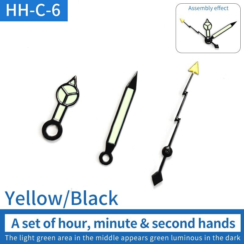 Green luminous watch hands set with pins for SKX007/009 NH35 movement, enhancing dial visibility.