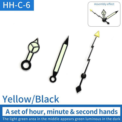 Green luminous watch hands set with pins for SKX007/009 NH35 movement, enhancing dial visibility.