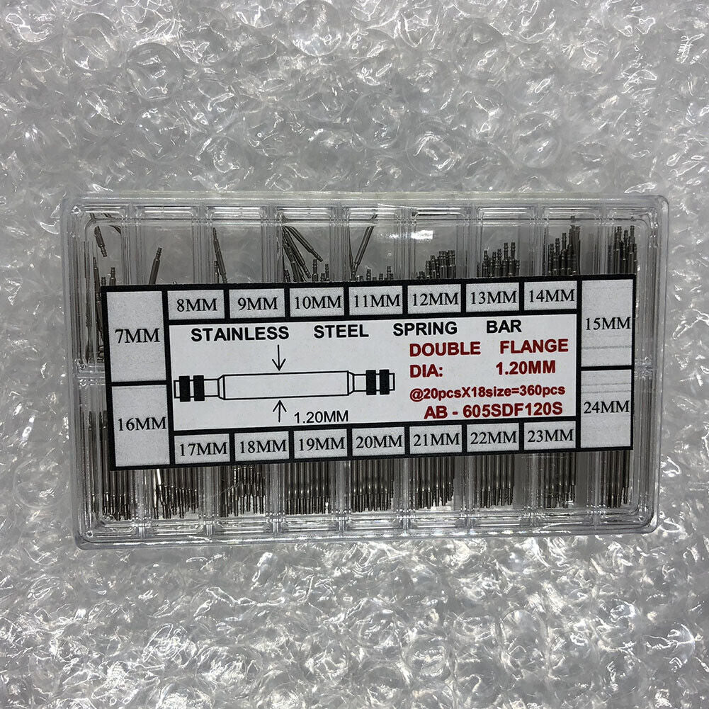 Stainless steel Double Flange spring bars 1.2mm diameter, 18 sizes, 360pcs kit for watch repairs