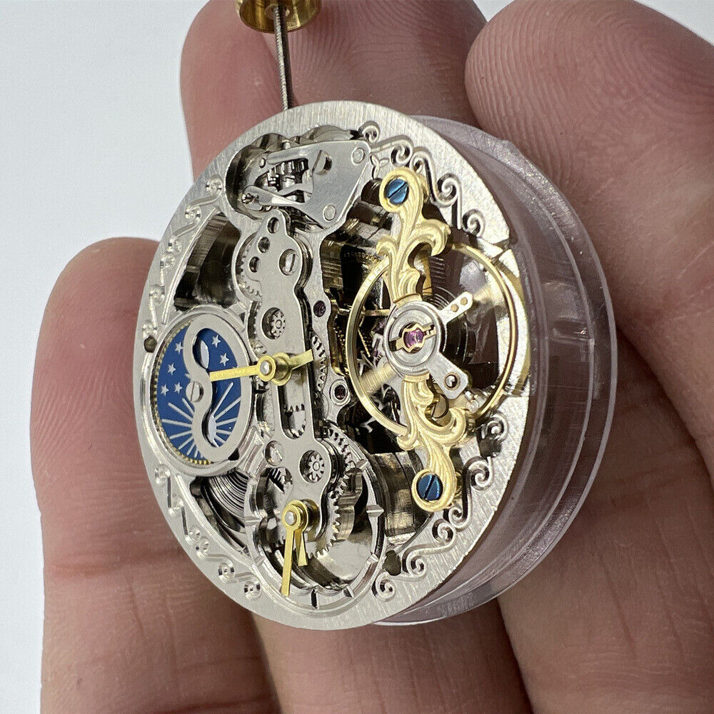 Automatic mechanical watch with silver 3 hands and hollow moon phase at 12, style