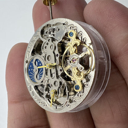 Automatic mechanical watch with silver 3 hands and hollow moon phase at 12, style