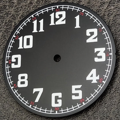 Black pilot watch dial with green lume numerals, 33.8mm waterproof, fits NH35 movement.