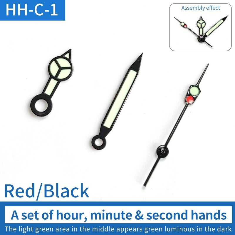 Green luminous watch hands set with pins for SKX007/009 NH35 movement, enhancing dial visibility.