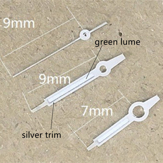 Silver-trimmed green lume watch hands compatible with Miyota 1M12, perfect for precise watch repairs.