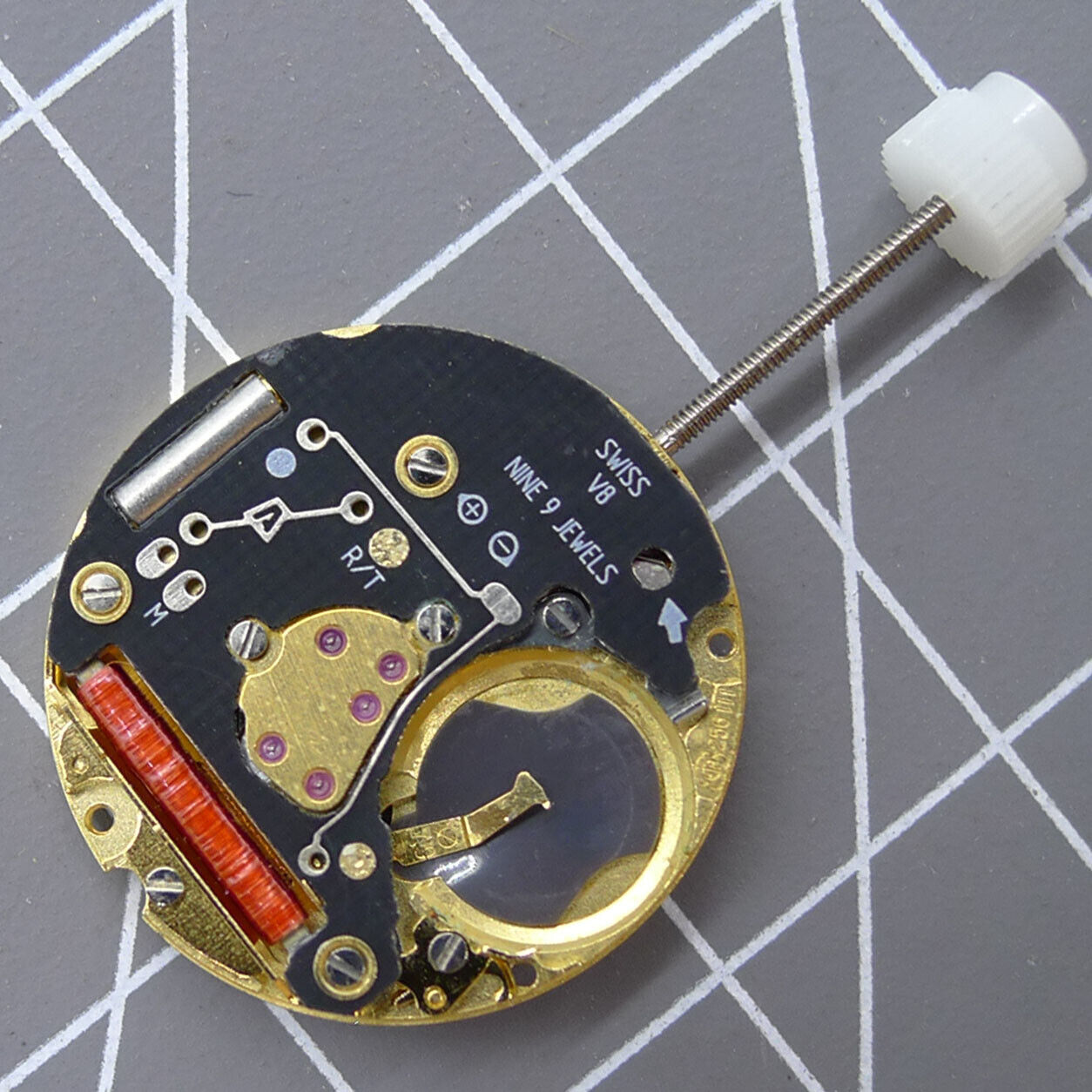 V8 ETA 256.111 Swiss quartz watch movement with black dial, ensuring precise timekeeping accuracy.